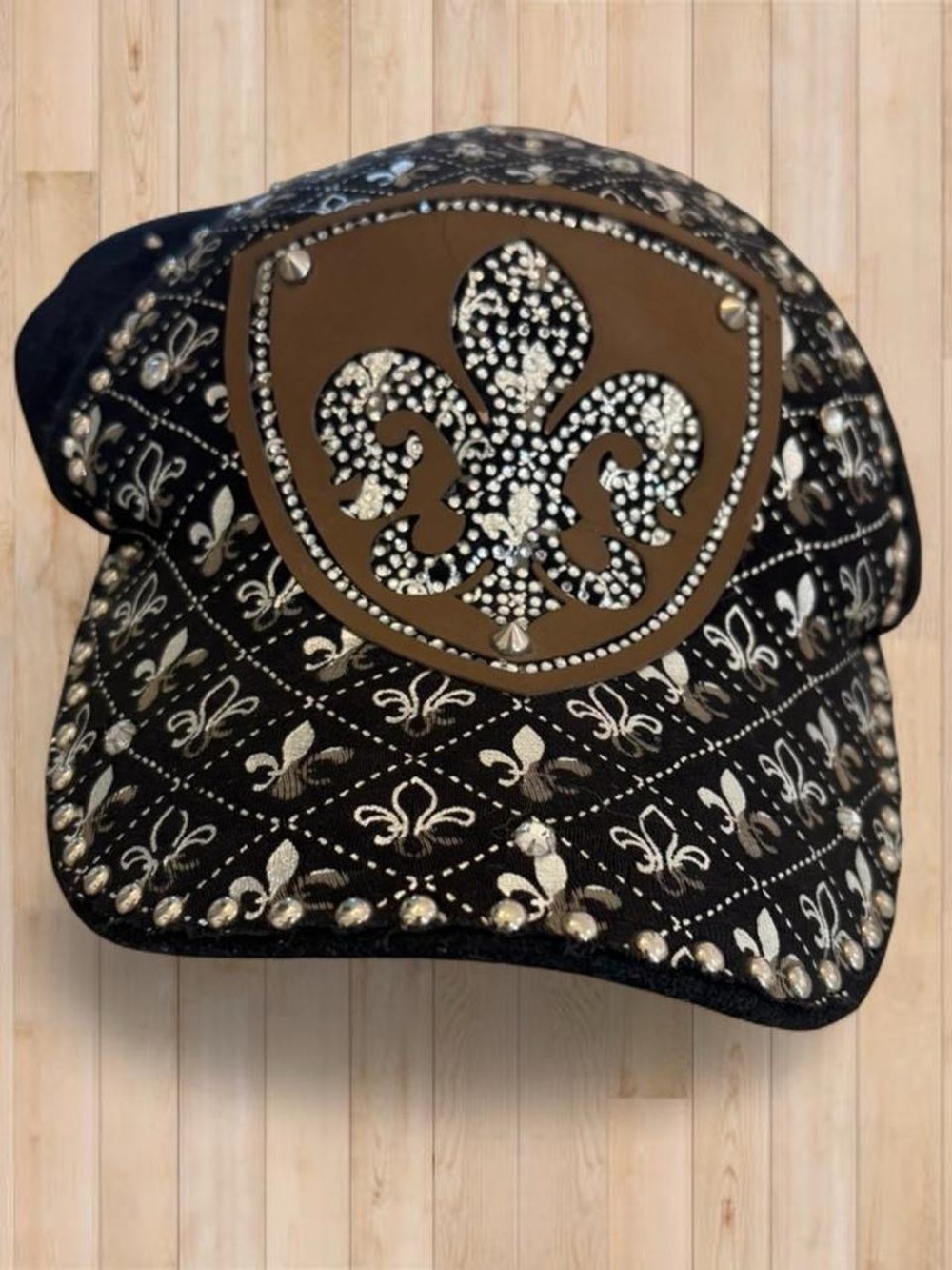 Stephanie headwear Y2K Embellished Fleur-de-Lis bedazzled Rhinestone Black Cap